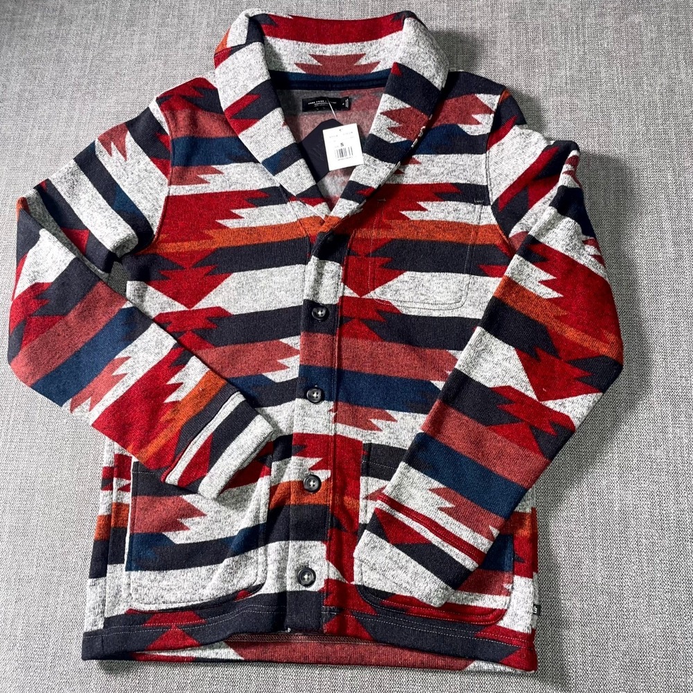 Junk Food Cardigan Sweater Mens Small Multicolor Aztec Fleece Lined Shawl Collar